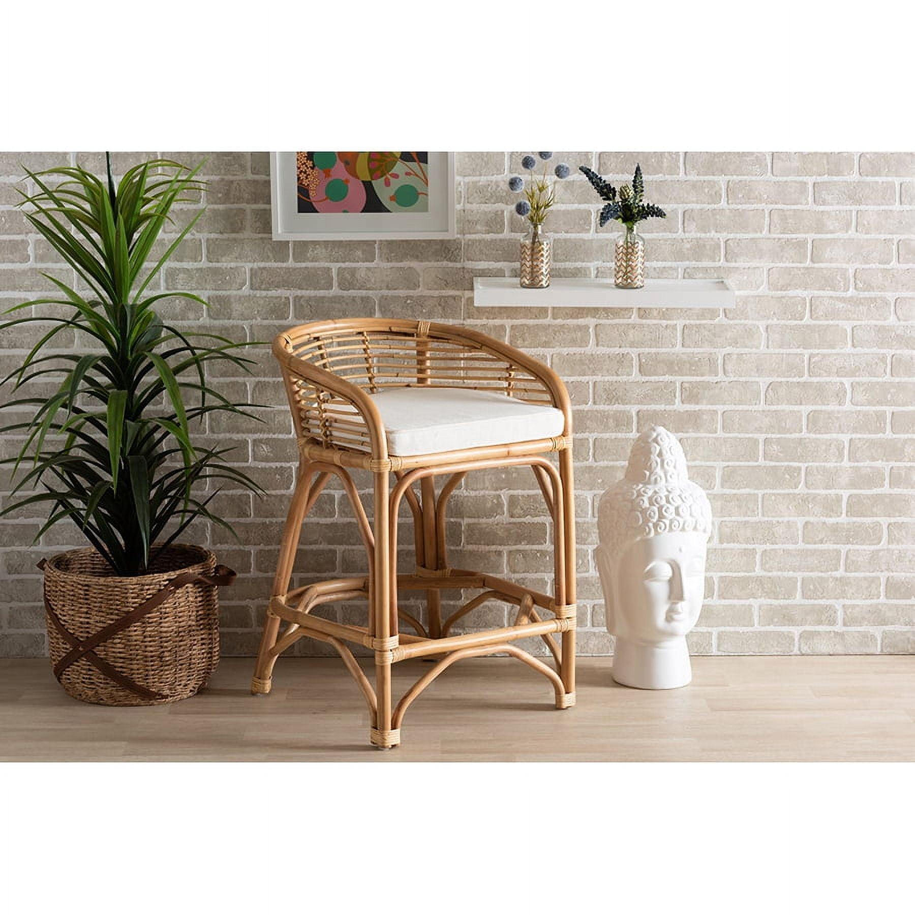 Tropical Oasis White Fabric and Natural Rattan Counter Stool