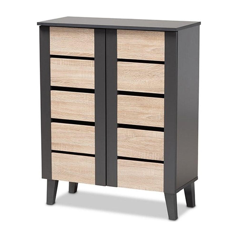 Two-Tone Oak and Dark Gray Wood Shoe Storage Cabinet