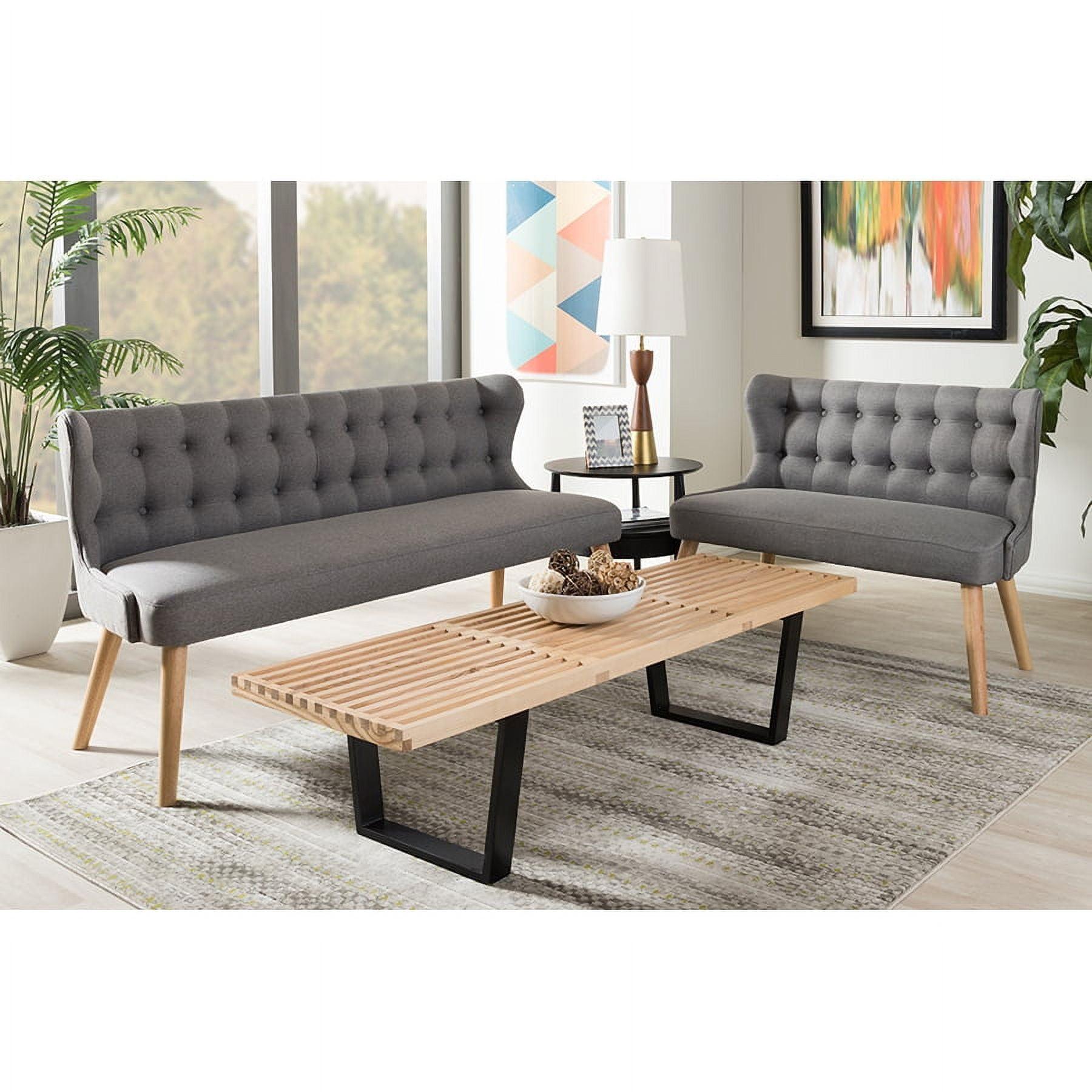 Mid-Century Modern Natural Oak and Grey Fabric Settee Loveseat Combo