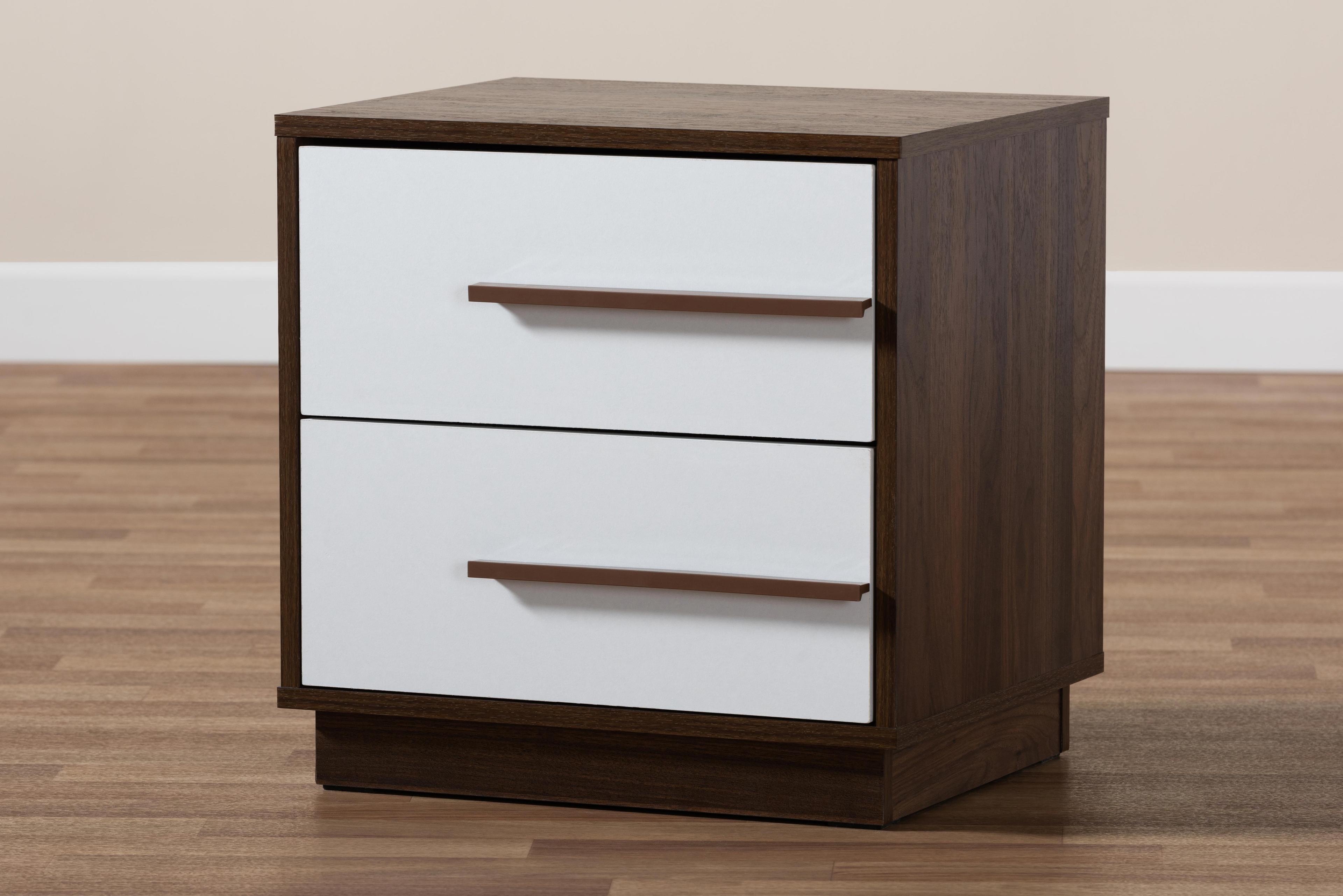 Mid-Century Modern White and Walnut 2-Drawer Nightstand