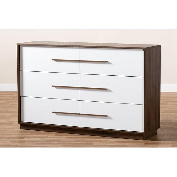Baxton Studio Mette Mid-Century Modern White and Walnut Finished 6-Drawer Wood Dresser