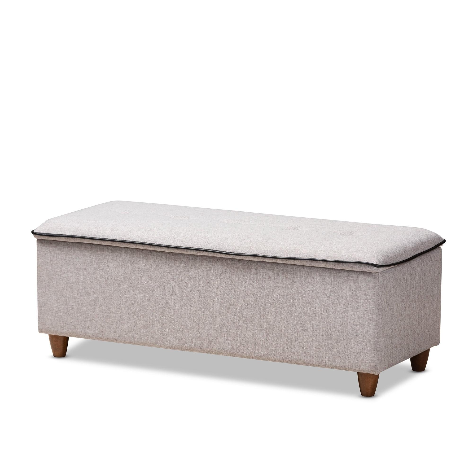 Marlisa 43" Grayish Beige Fabric Upholstered Storage Ottoman with Walnut Finish