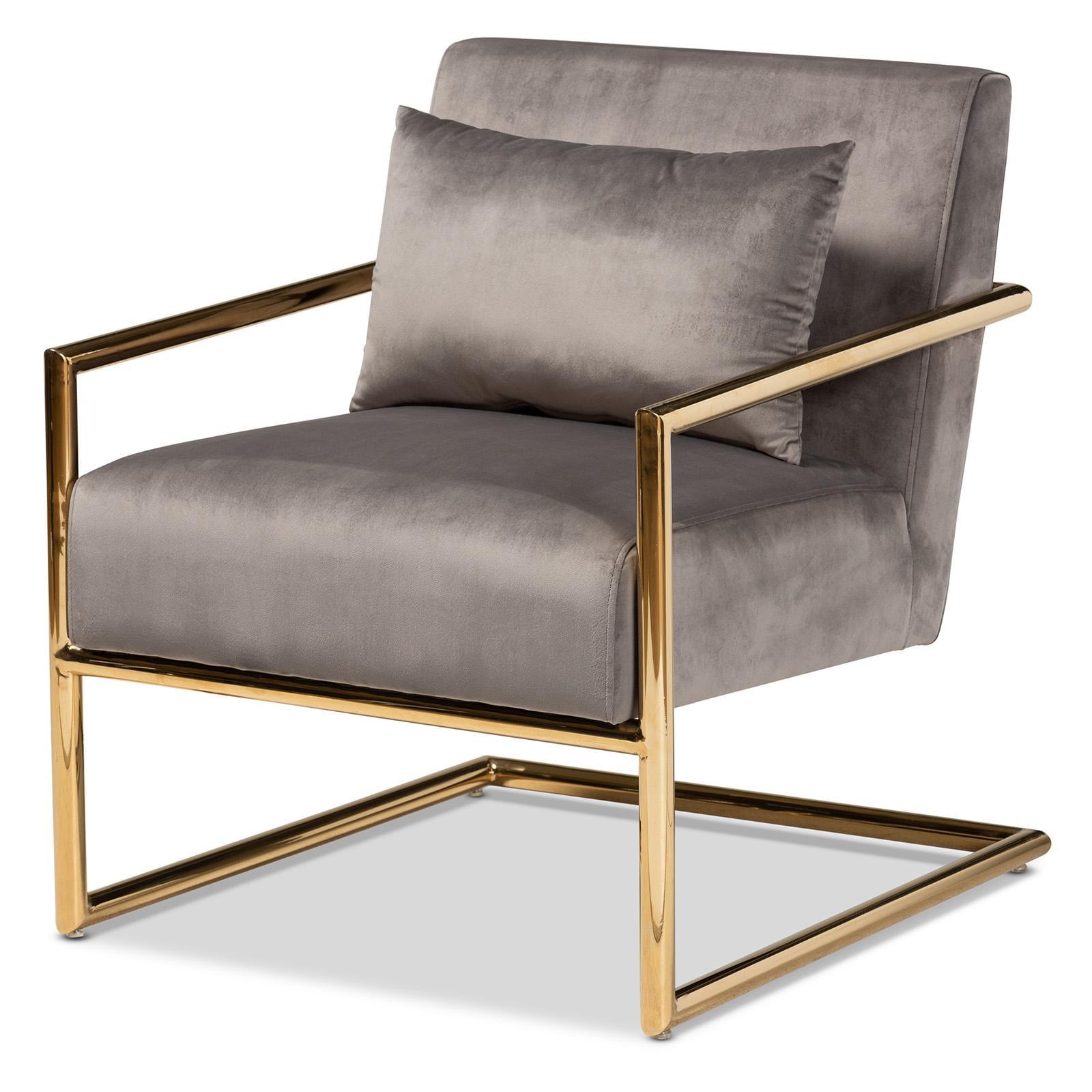 Gray Velvet Upholstered Accent Chair with Gold Metal Frame