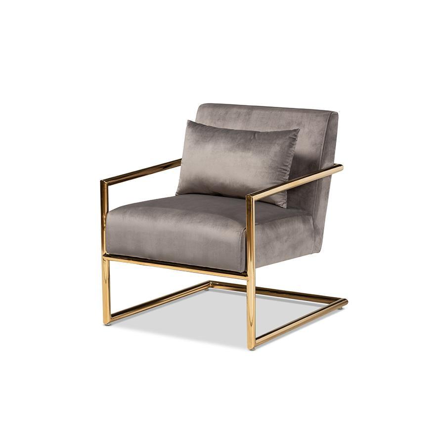 Baxton Studio Mira Grey Velvet Upholstered Gold Metal Lounge Chair