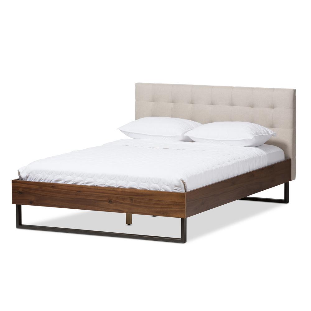 Mitchell Rustic Industrial Walnut Wood and Fabric Metal Platform Bed - Baxton Studio