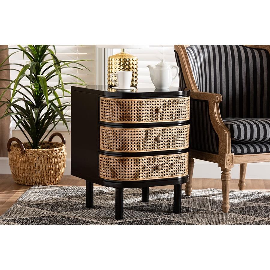 bali & pari Nabila Modern Bohemian Black Bayur Wood and Natural Rattan 3-Drawer End Table Nightstand