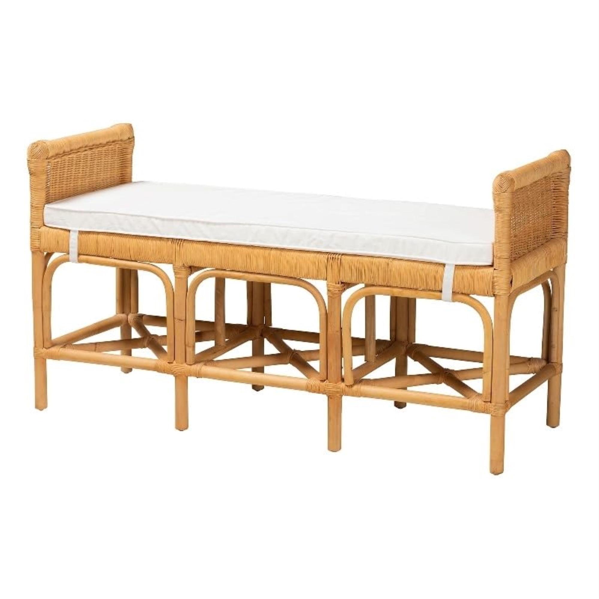 Nairi Natural Brown Rattan Bench with Storage and Cushion