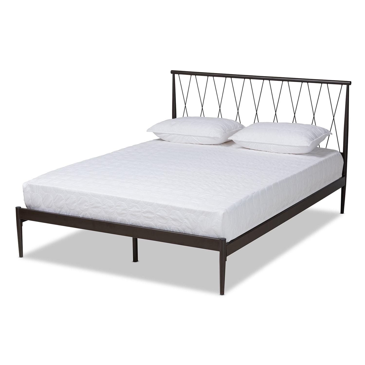 Modern Minimalist Black Metal Queen Platform Bed with Crisscross Headboard