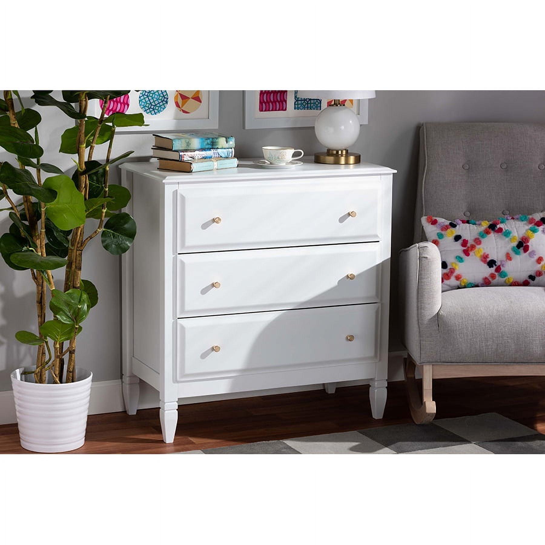 Naomi White and Gold 3-Drawer Wooden Bedroom Chest