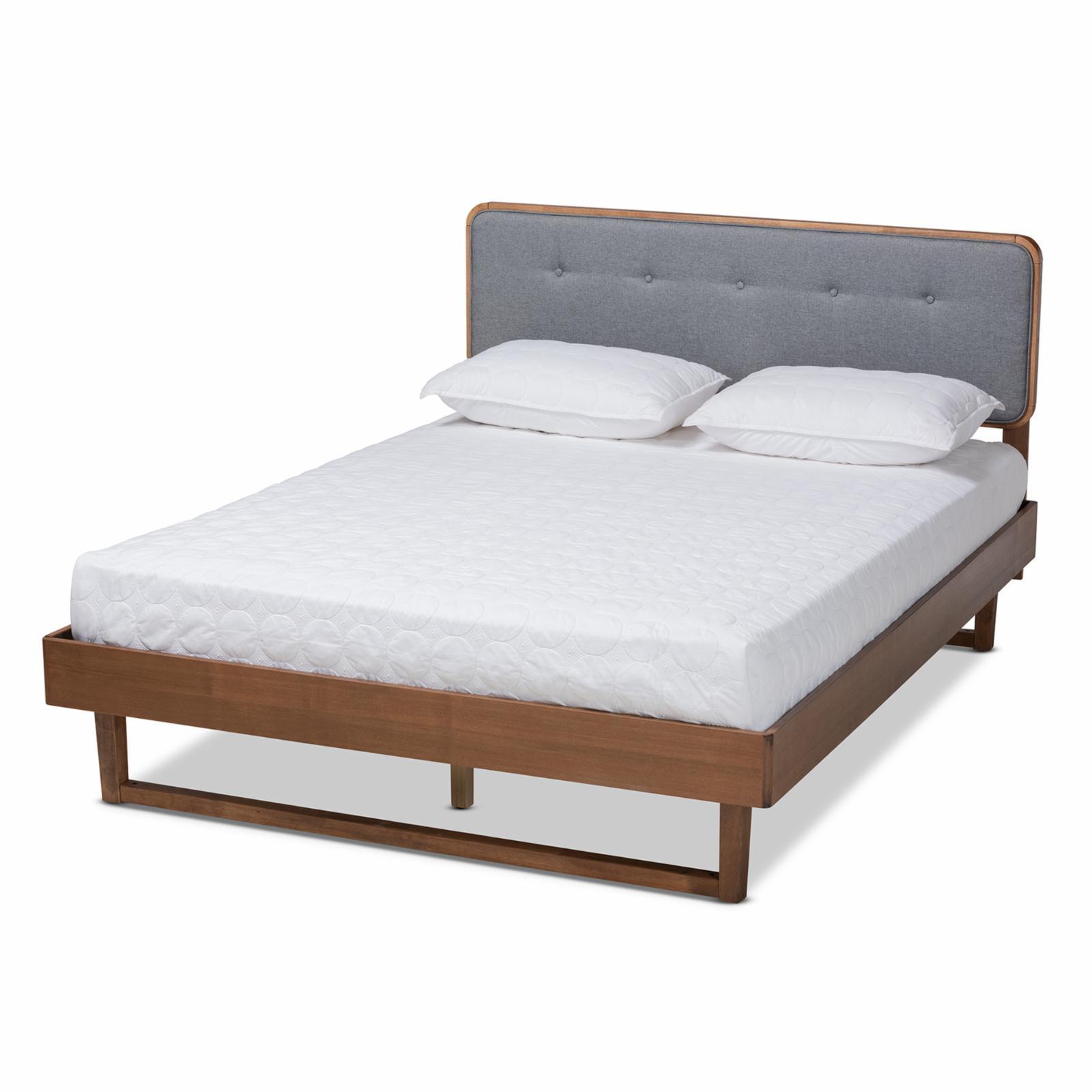 King Light Gray and Walnut Upholstered Platform Bed with Tufted Headboard