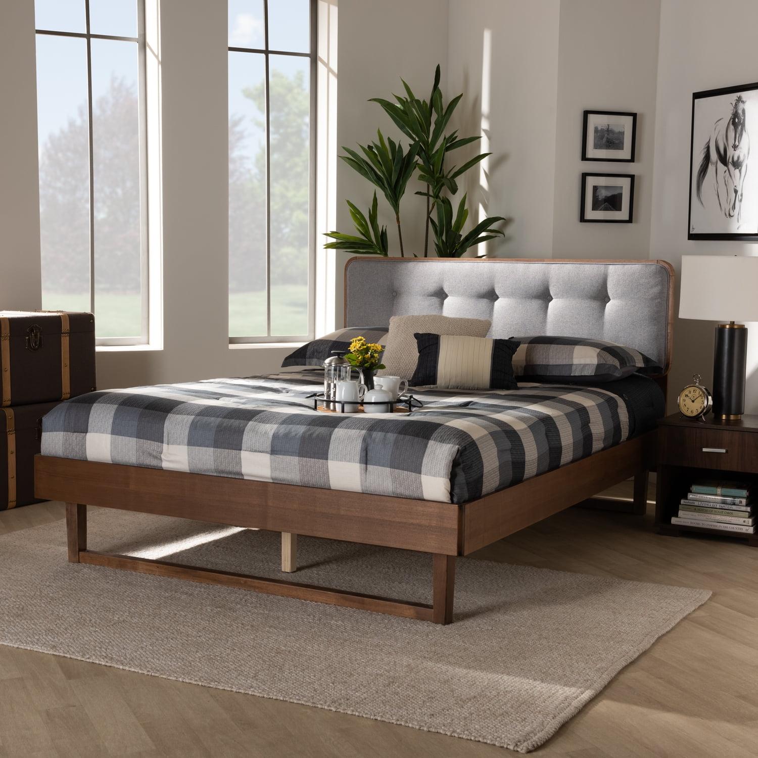 King Natalia Platform Bed Light Gray/Walnut - Baxton Studio