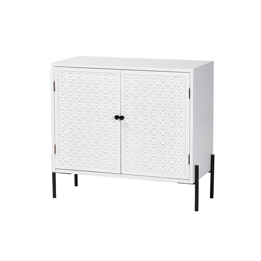 Nefeli White Carved Wood and Metal Accent Cabinet