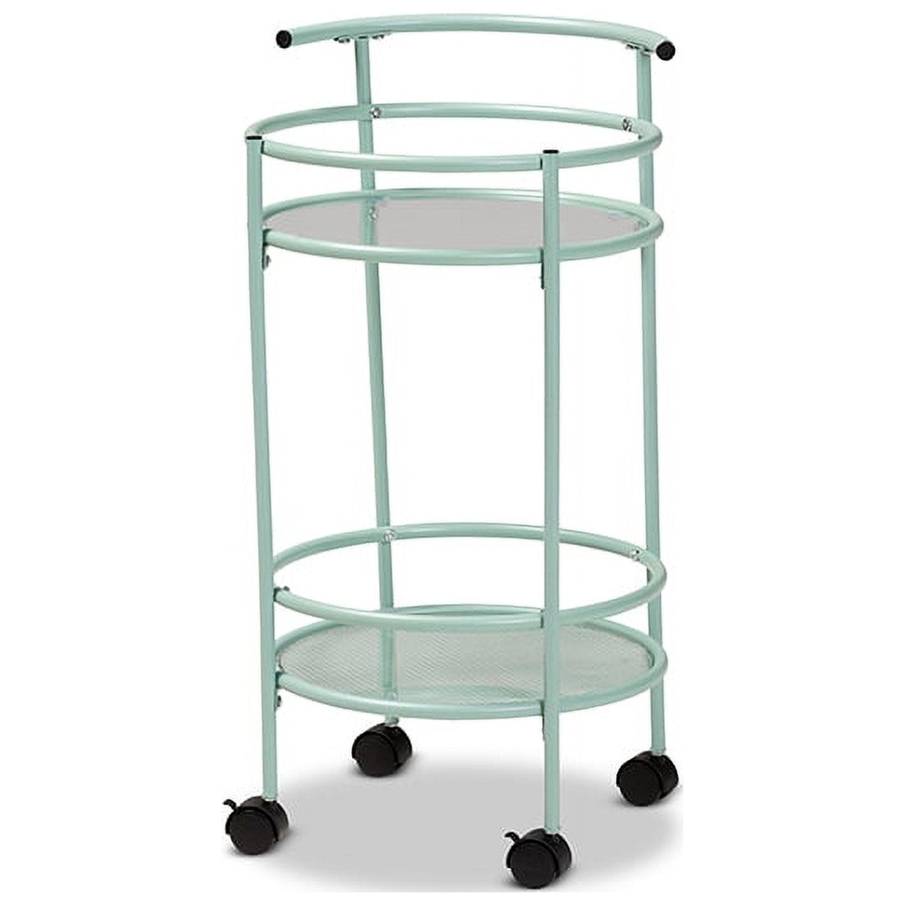 Mid-Century Mint Green Metal Kitchen Cart with Glass Shelves