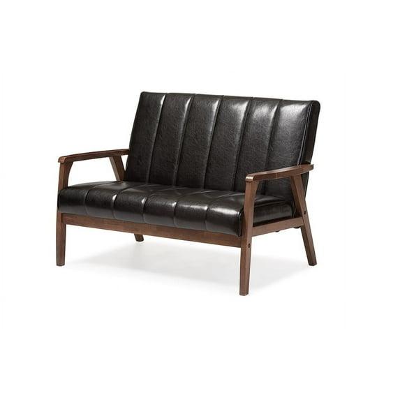 Nikko Mid-Century Modern Scandinavian Style Faux Leather Wooden 2 Seater Loveseat Black - Baxton Studio: Rubberwood Frame