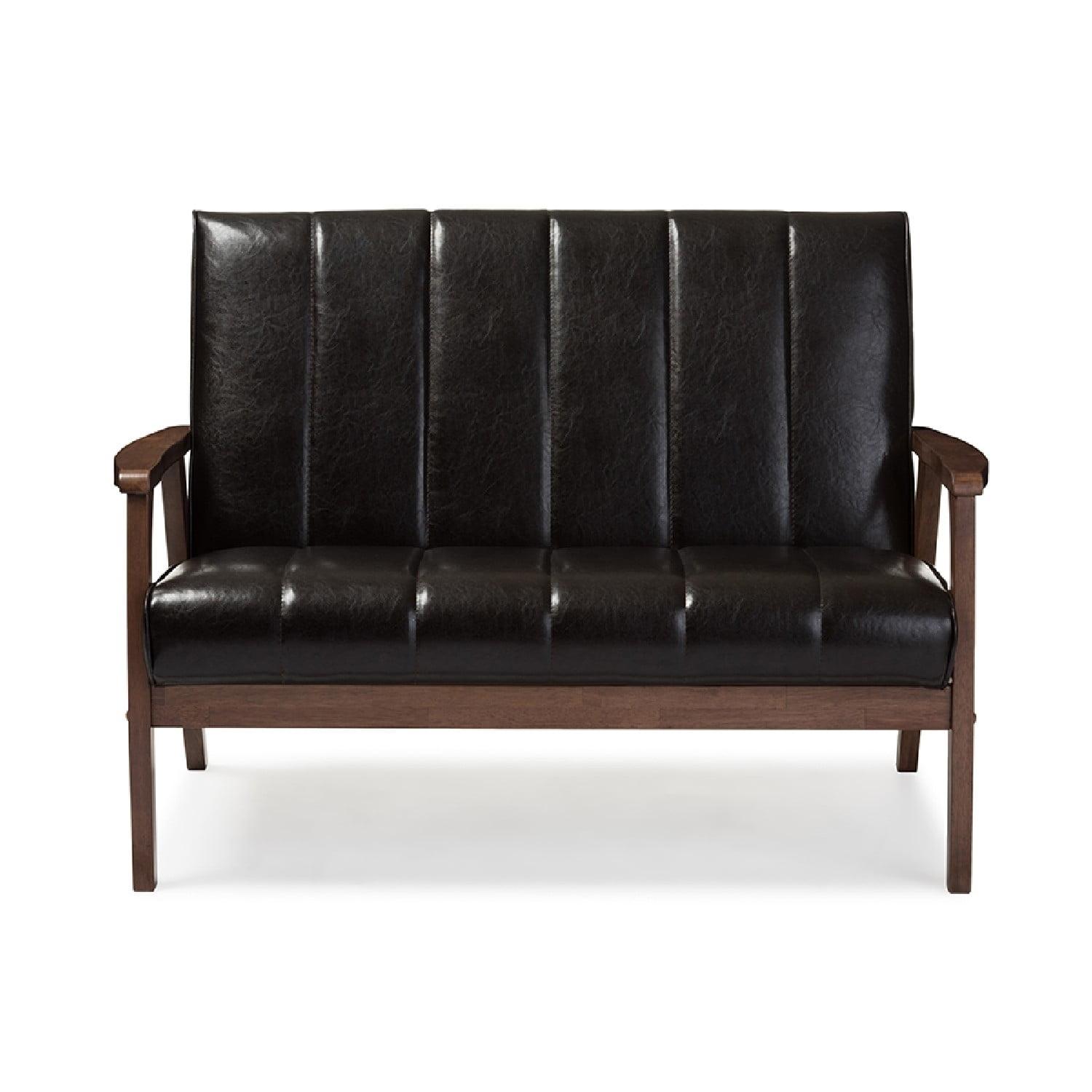 Nikko Mid-Century Modern Scandinavian Style Faux Leather Wooden 2 Seater Loveseat - Baxton Studio