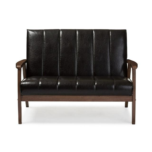 Nikko Mid-Century Modern Scandinavian Style Faux Leather Wooden 2 Seater Loveseat Dark Brown - Baxton Studio: Compact, Rubberwood Frame, Easy to Clean