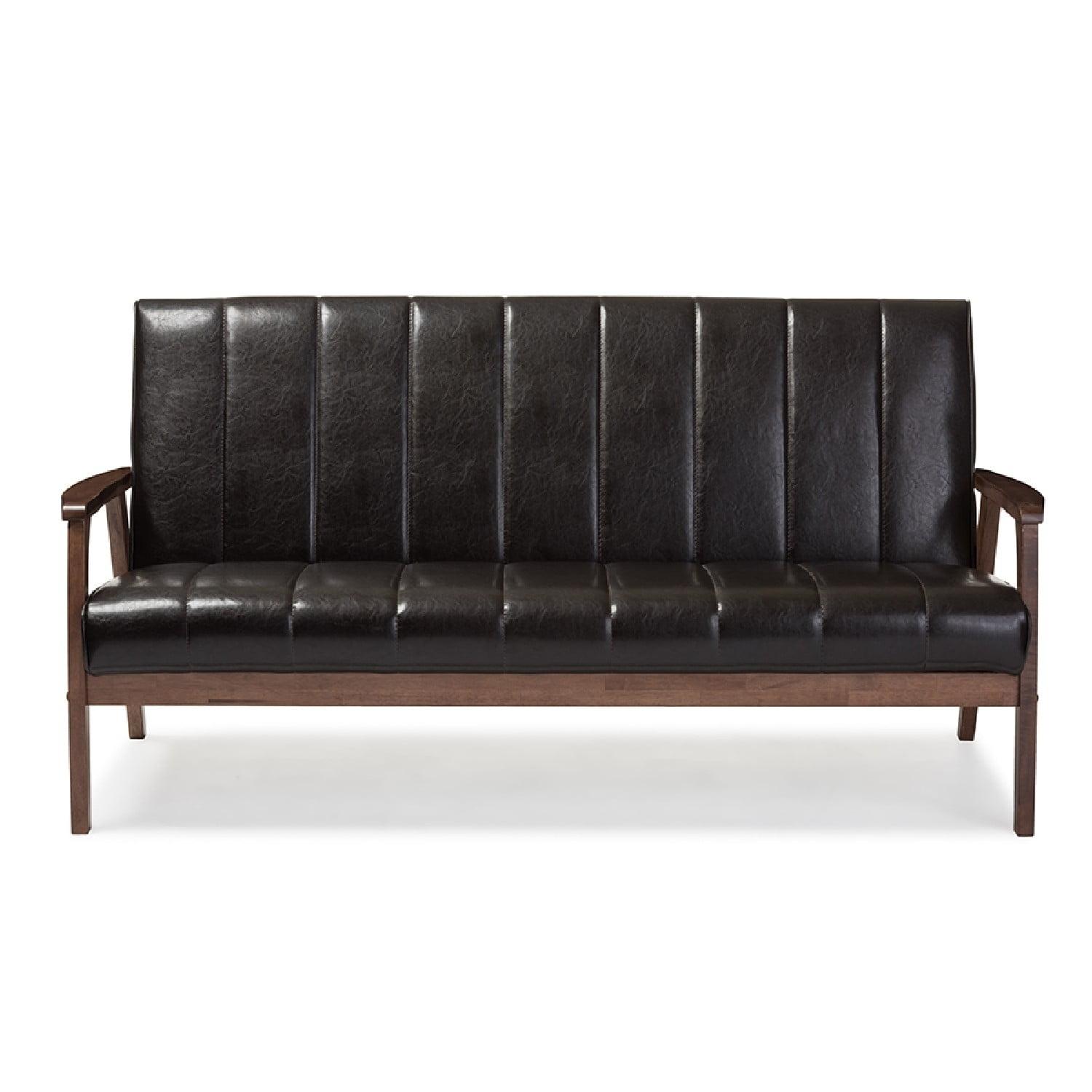 Nikko Dark Brown Faux Leather 3-Seater Sofa with Wooden Frame