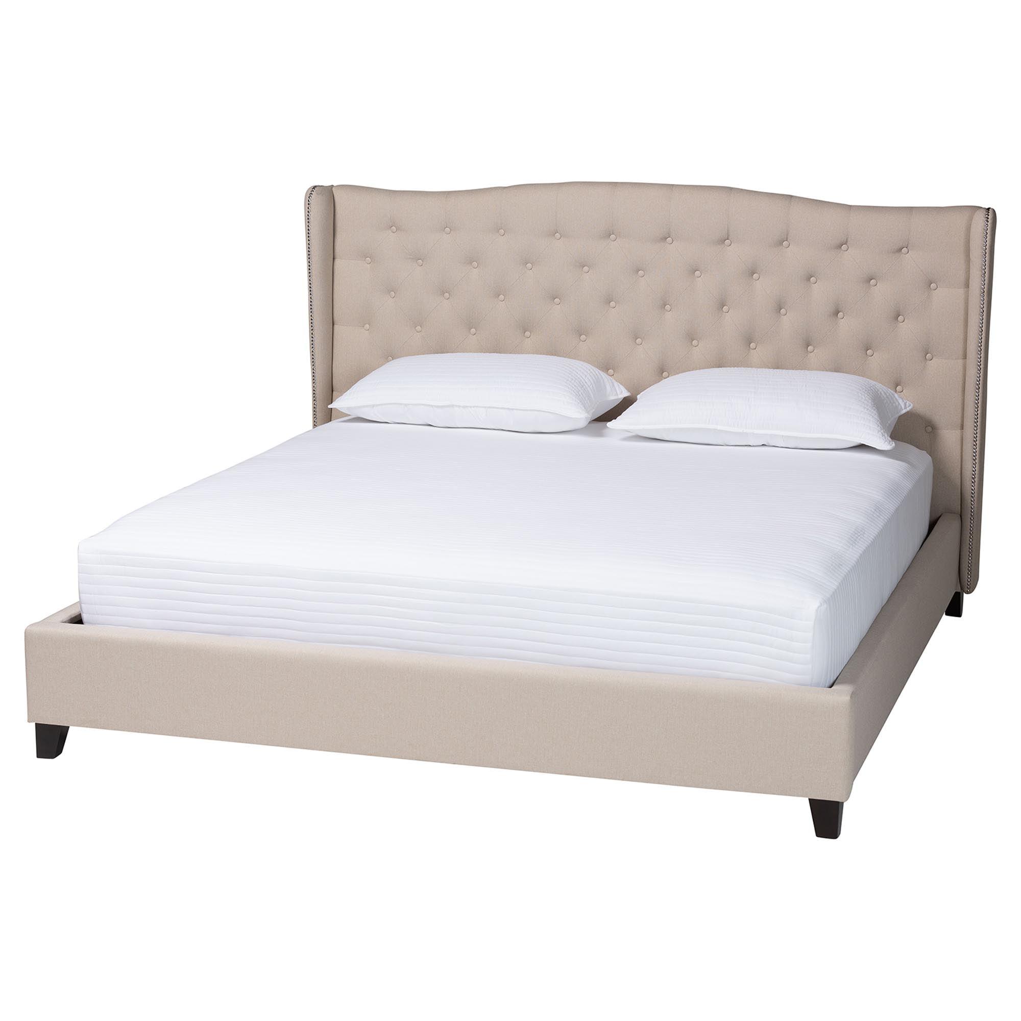 King Norwich Linen Modern Platform Bed Light Beige - Baxton Studio: Wood Composite Frame, No Box Spring Needed