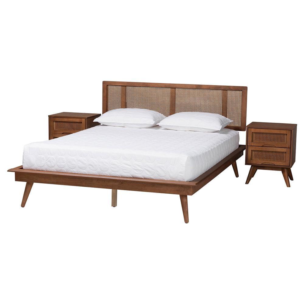 Walnut Brown Wood and Rattan King Size 3-Piece Bedroom Set