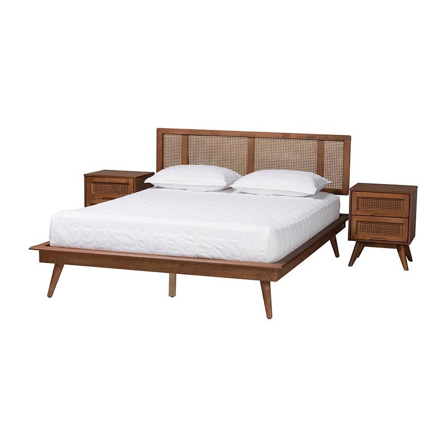 Baxton Studio Nura Walnut Brown Wood and Rattan King Size 3-Piece Bedroom Set
