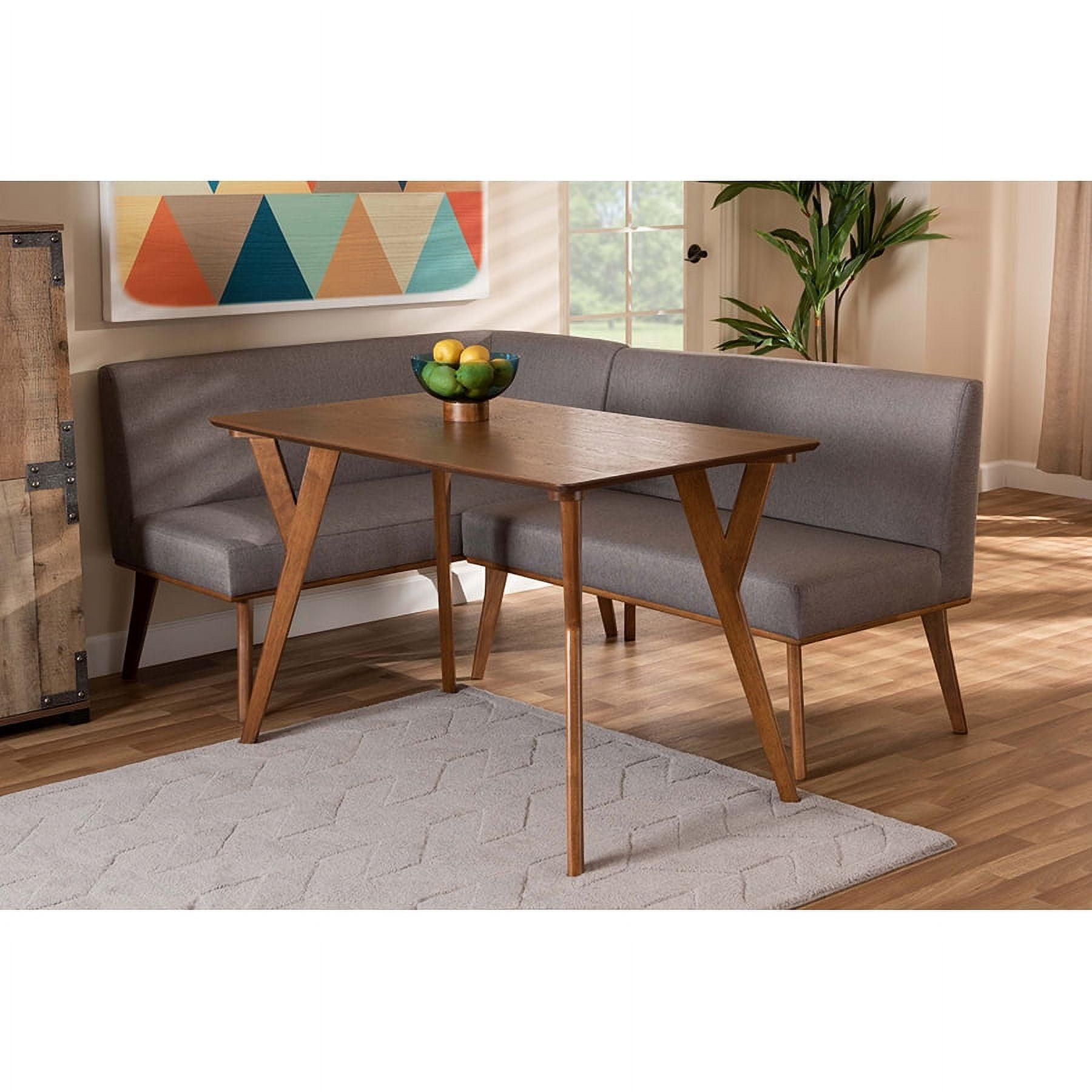 3pc Odessa Mid-Century Modern Fabric Upholstered Wood Dining Nook Set Walnut/Brown/Gray - Baxton Studio: Rectangle Table, Polyester Seat