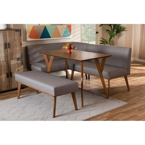 Baxton Studio 4pc Odessa Mid-Century Modern Fabric Upholstered Wood Dining Nook Set Walnut/Brown: Rectangle Table, Bench, 2 Chairs