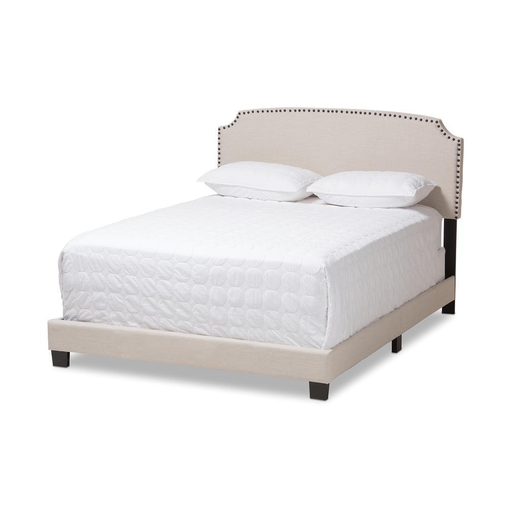 Light Beige Upholstered Full Bed with Nailhead Trim