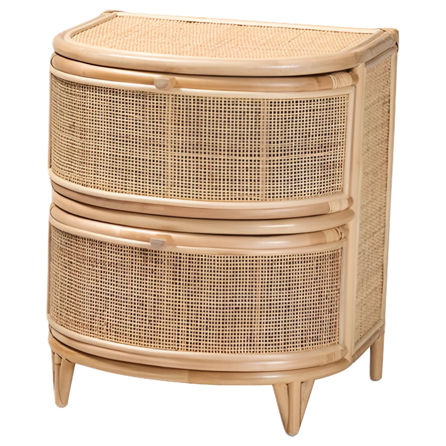 Natural Brown Rattan 2-Drawer Curved Nightstand