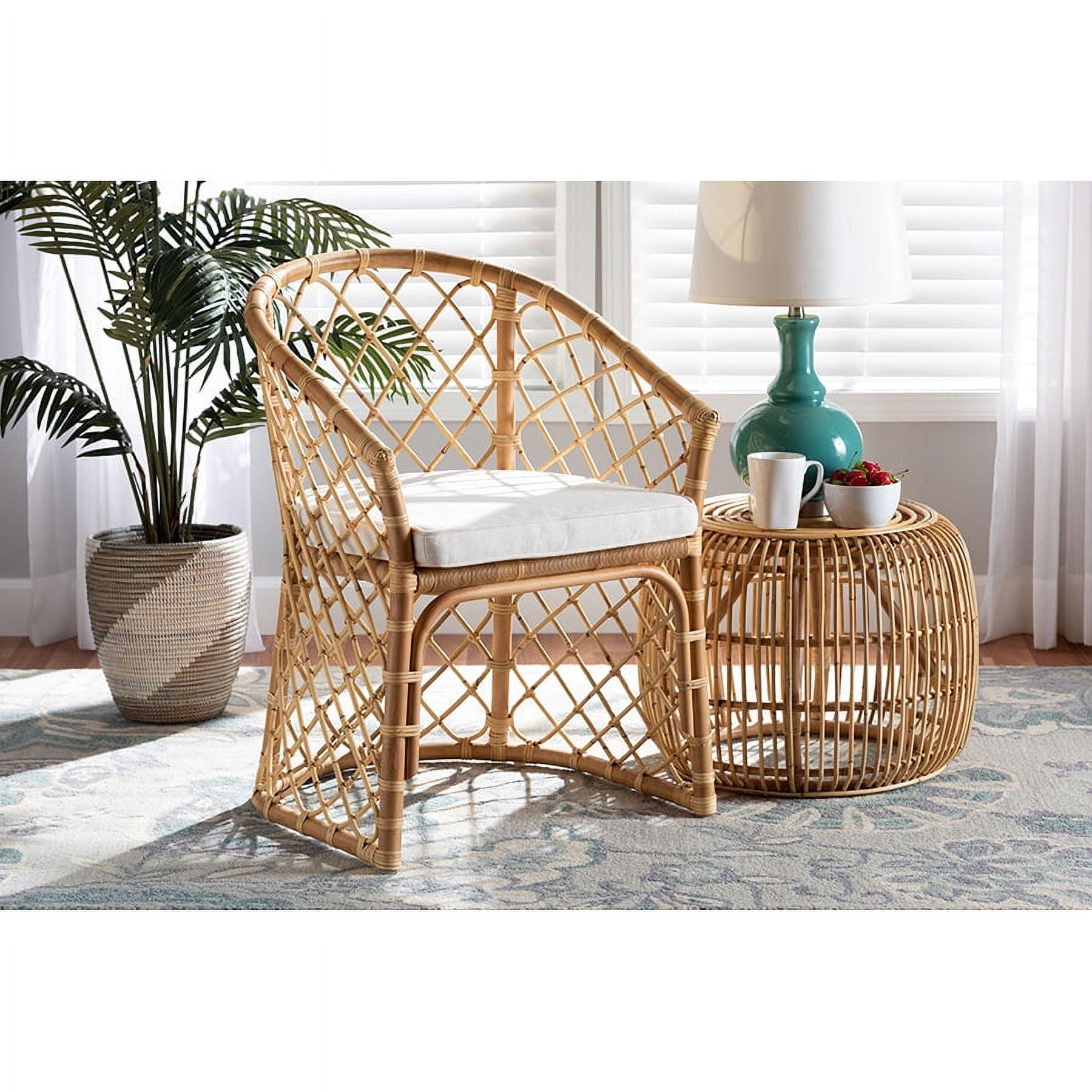 Serene Bohemian White Fabric and Natural Rattan Dining Chair