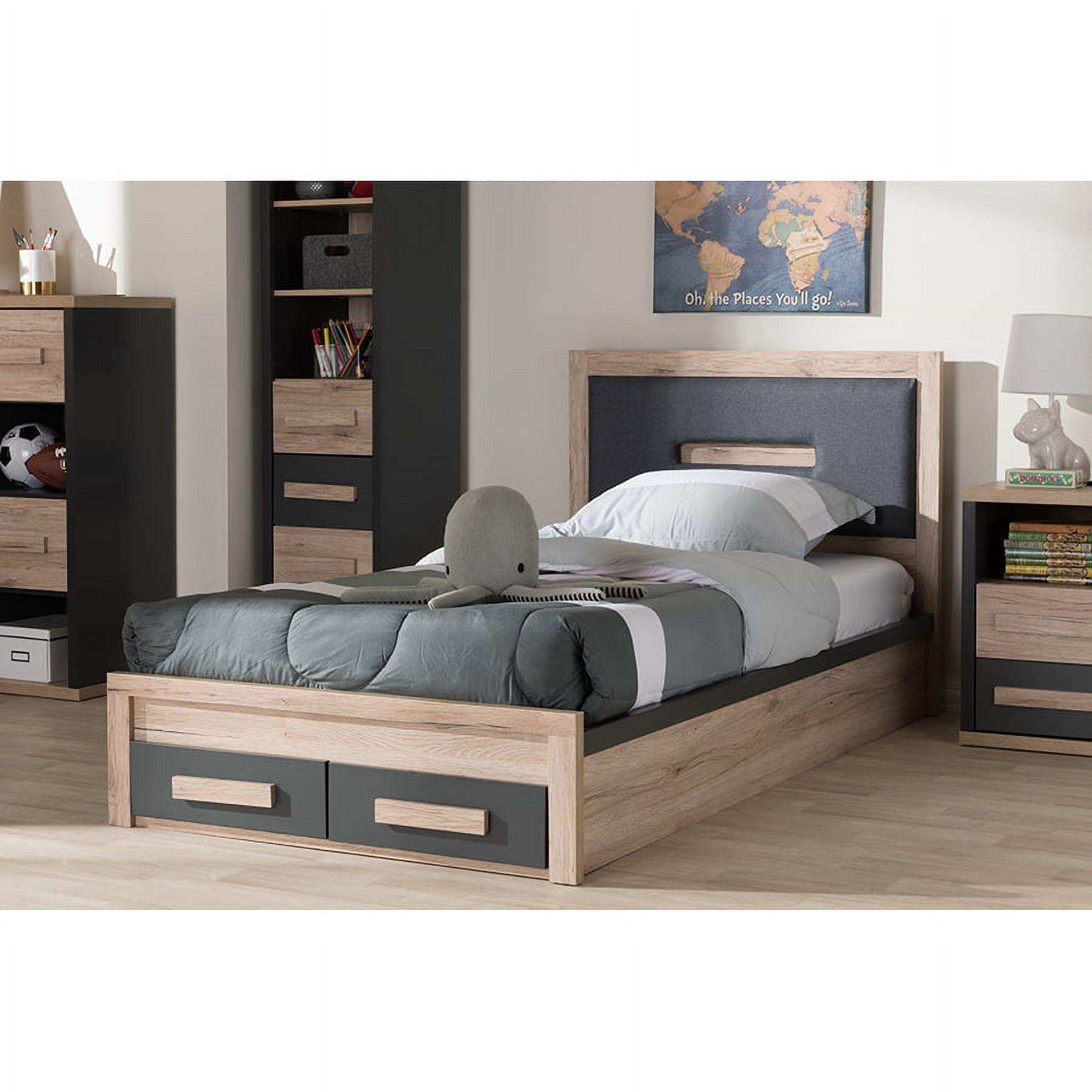 Twin Dark Gray and Light Brown Upholstered Storage Bed with Drawers