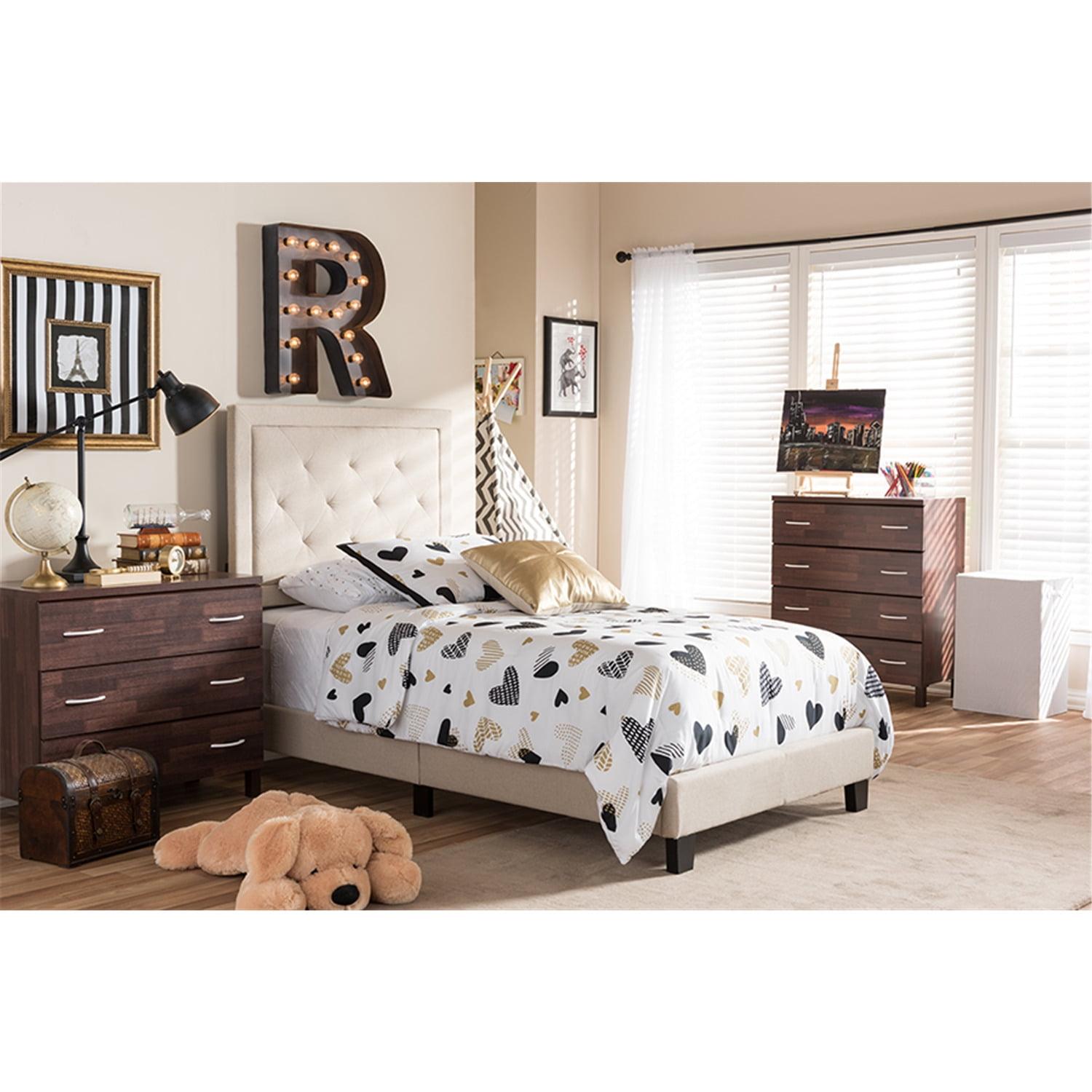 Modern Beige Linen Twin Platform Bed with Diamond Tufting