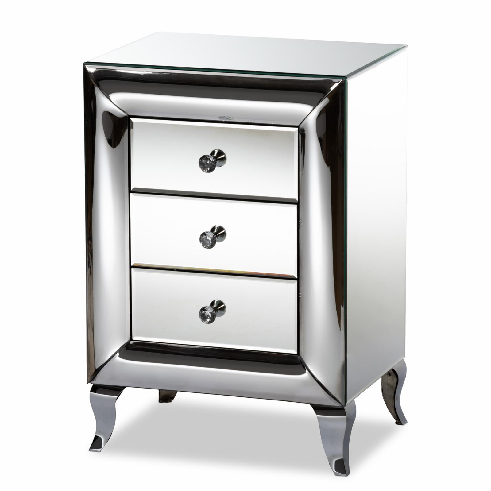 Pauline Mirrored 3-Drawer Glam Nightstand with Crystal Knobs