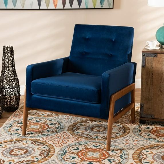 Baxton Studio Perris Mid-Century Modern Velvet Fabric Upholstered Wood Lounge Chair Blue: Polyester, Spot Clean, Armchair