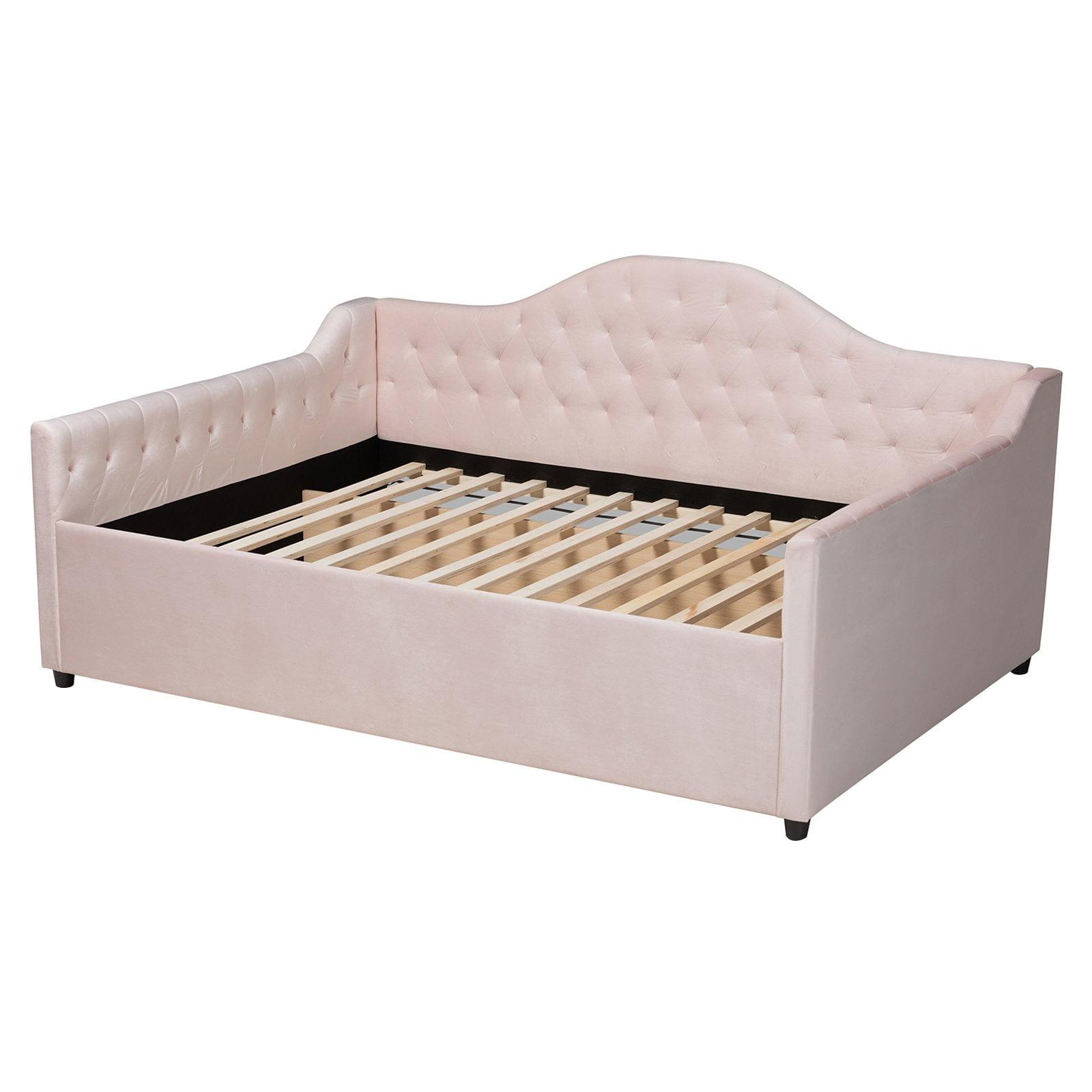 Light Pink Velvet Tufted Queen Daybed with Wood Frame