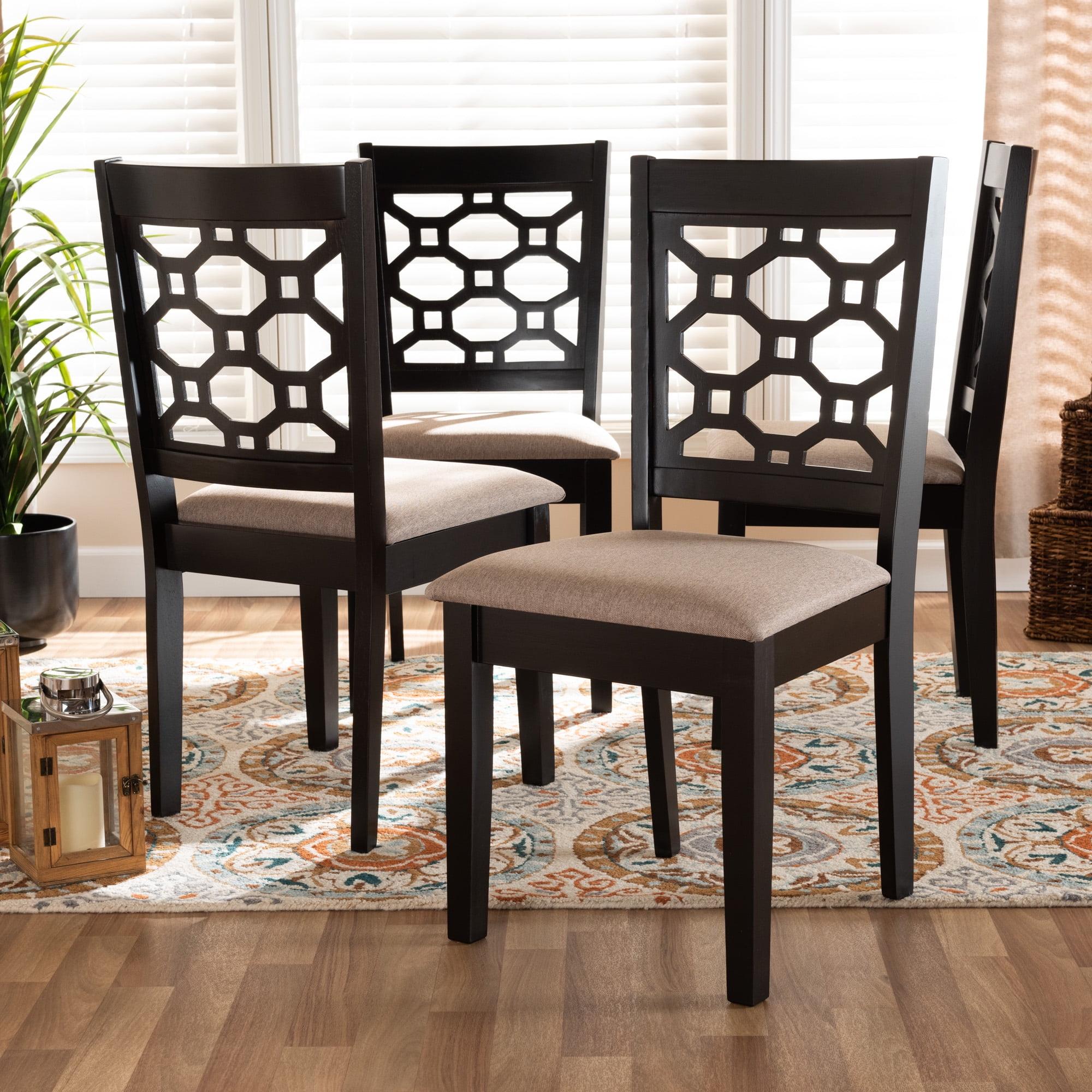 Sand Upholstered Dark Brown Wood Dining Side Chairs, Set of 4