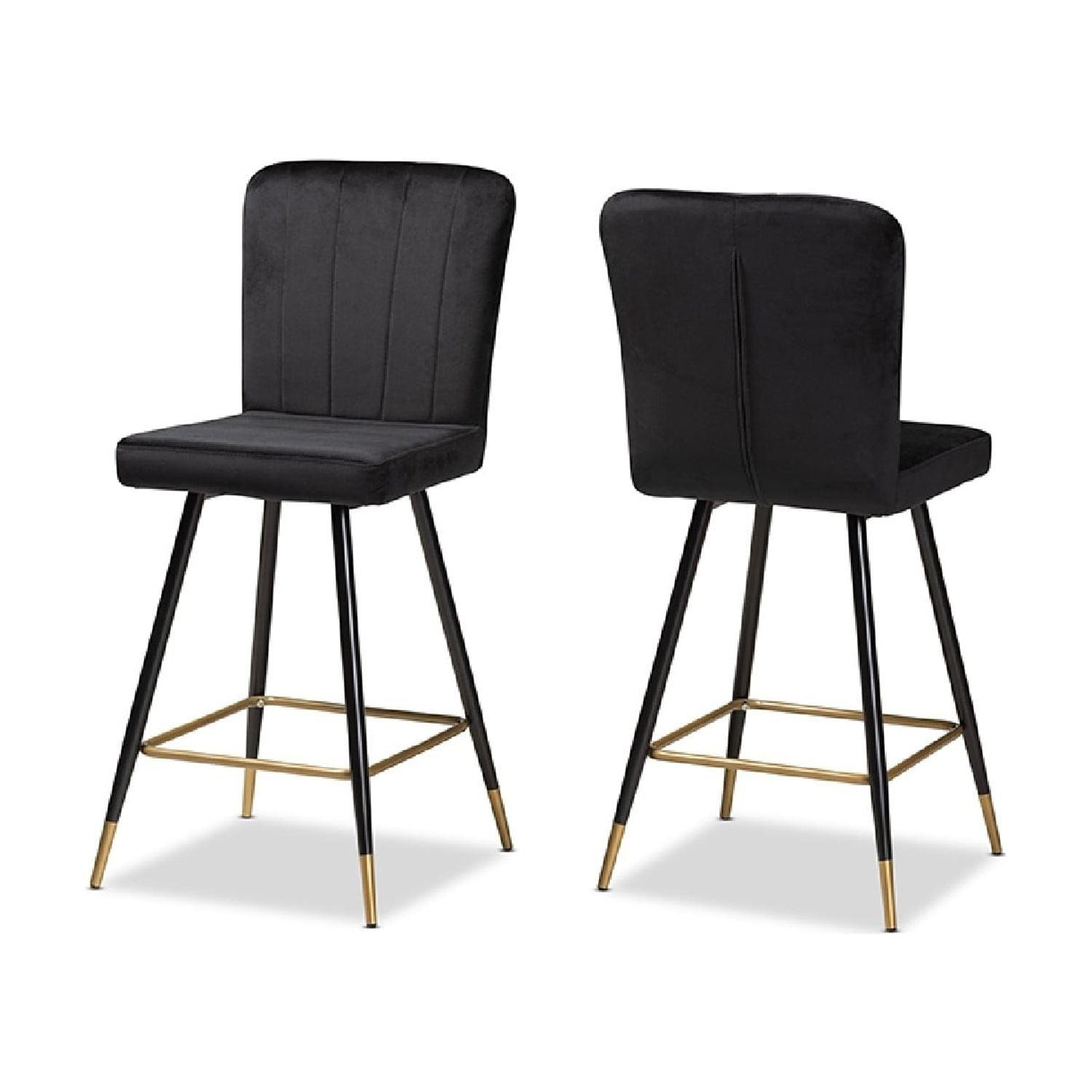 Preston Adjustable Black Velvet and Gold-Tone Metal Bar Stool Set