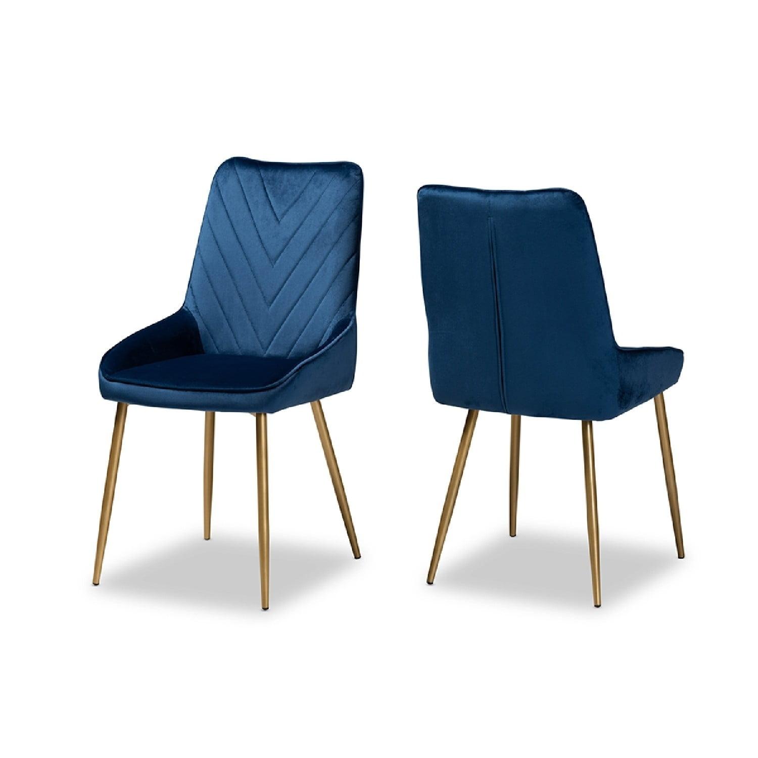 2pc Priscilla Velvet Fabric Upholstered Metal Dining Chair Set Navy Blue/Gold - Baxton Studio