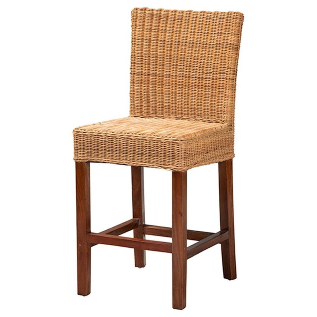 Racquel Mahogany Wood and Rattan Counter Stool in Walnut Brown