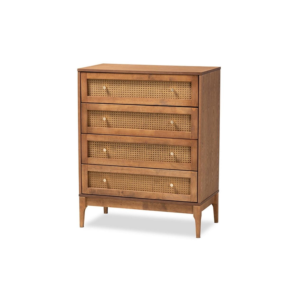 Walnut and Rattan Mid-Century 4-Drawer Chest