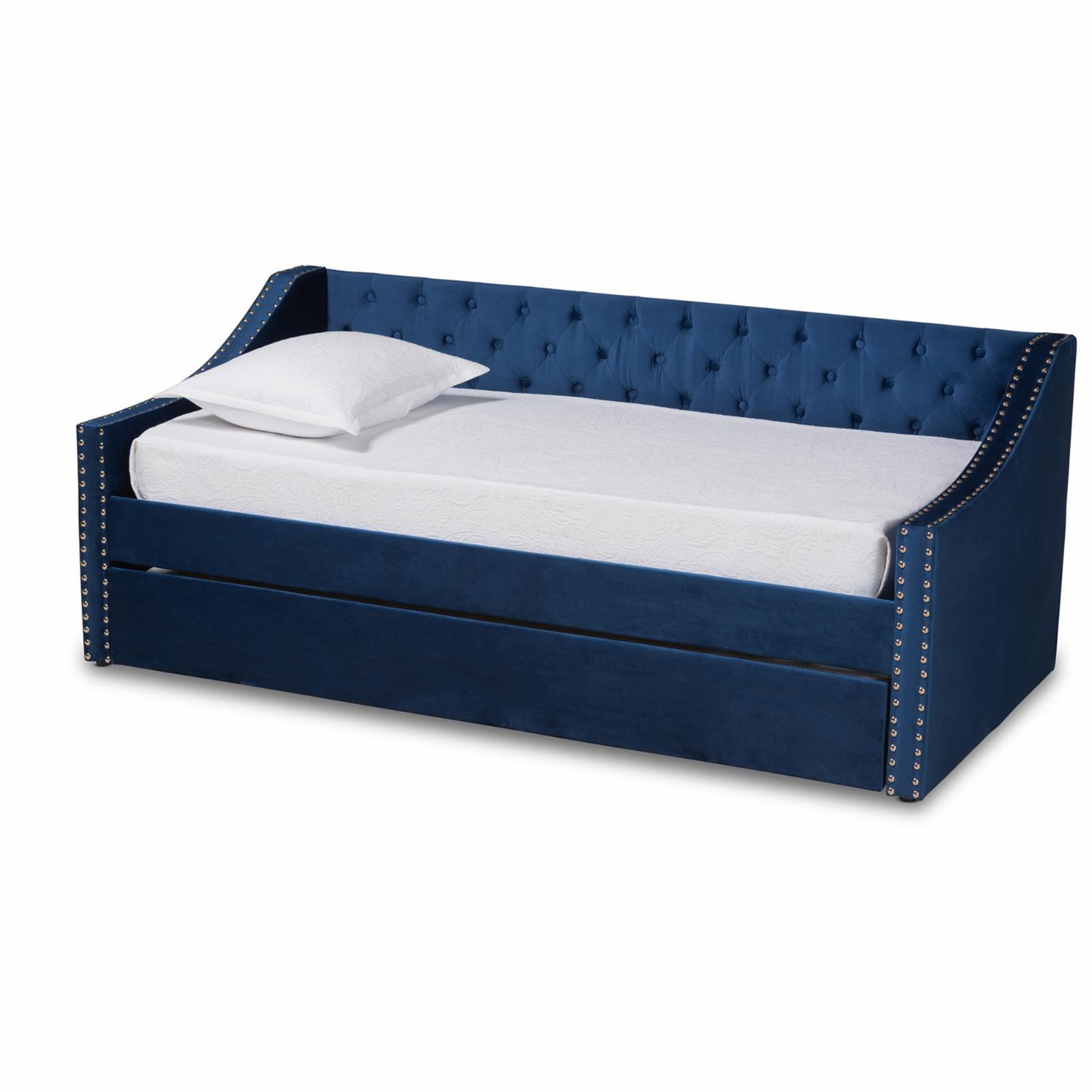 Navy Blue Velvet Queen Daybed with Nailhead Trim and Trundle