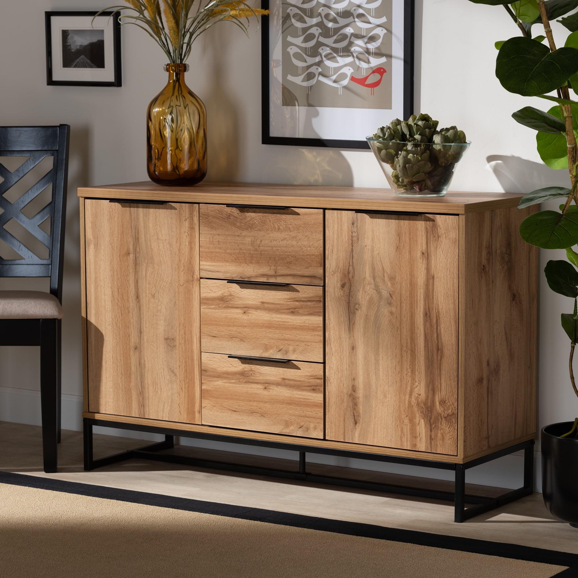 Reid Oak and Black Metal 3-Drawer Sideboard Buffet