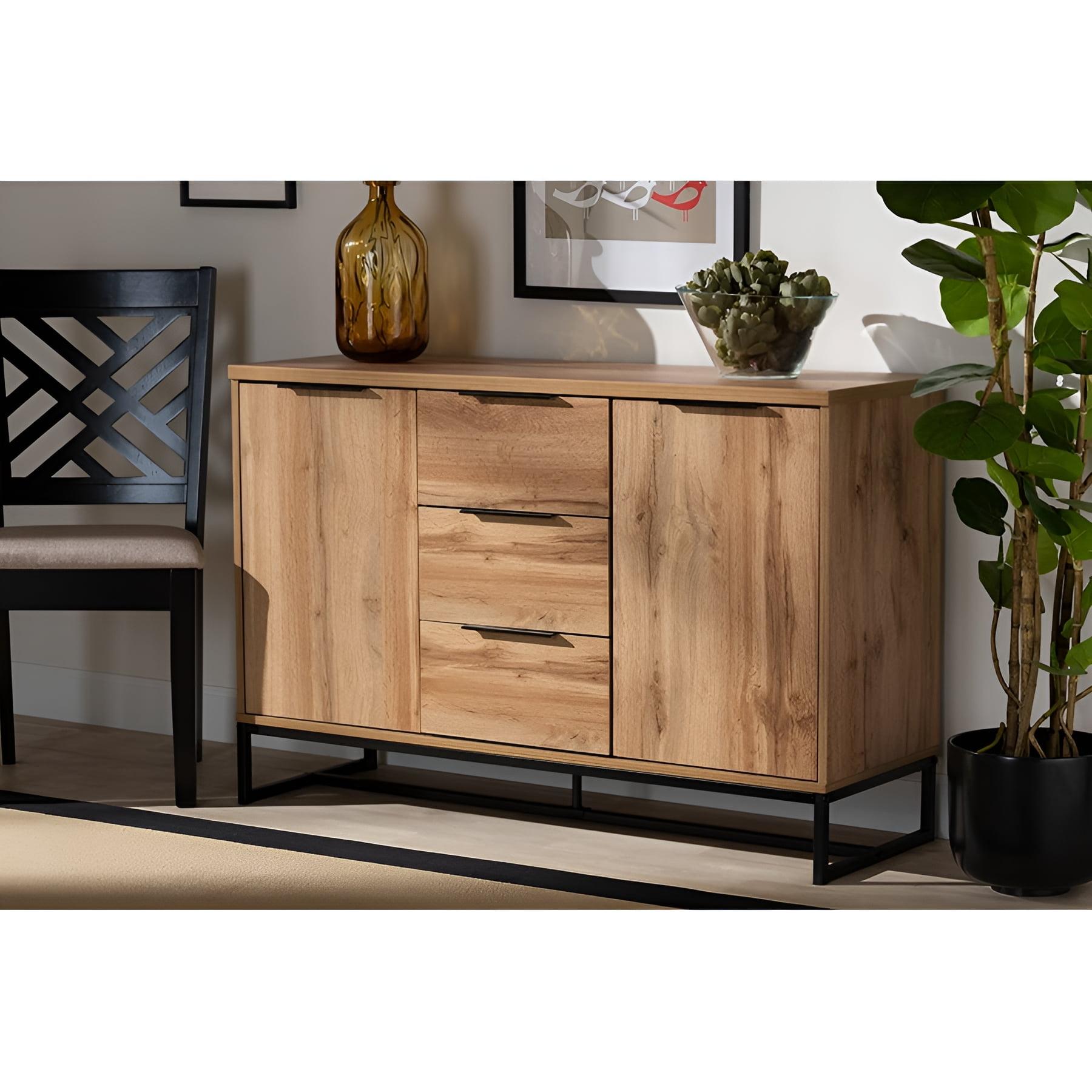 Baxton Studio Reid Wood & Metal 3 Drawer Sideboard Buffet Oak/Black : Farmhouse Style, Fixed Shelves, Storage Cabinet