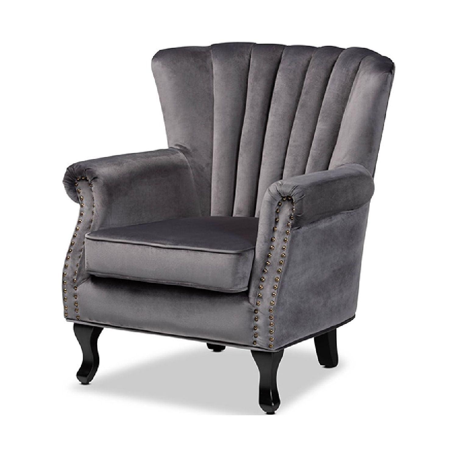 Gray Velvet and Dark Brown Wood Accent Chair