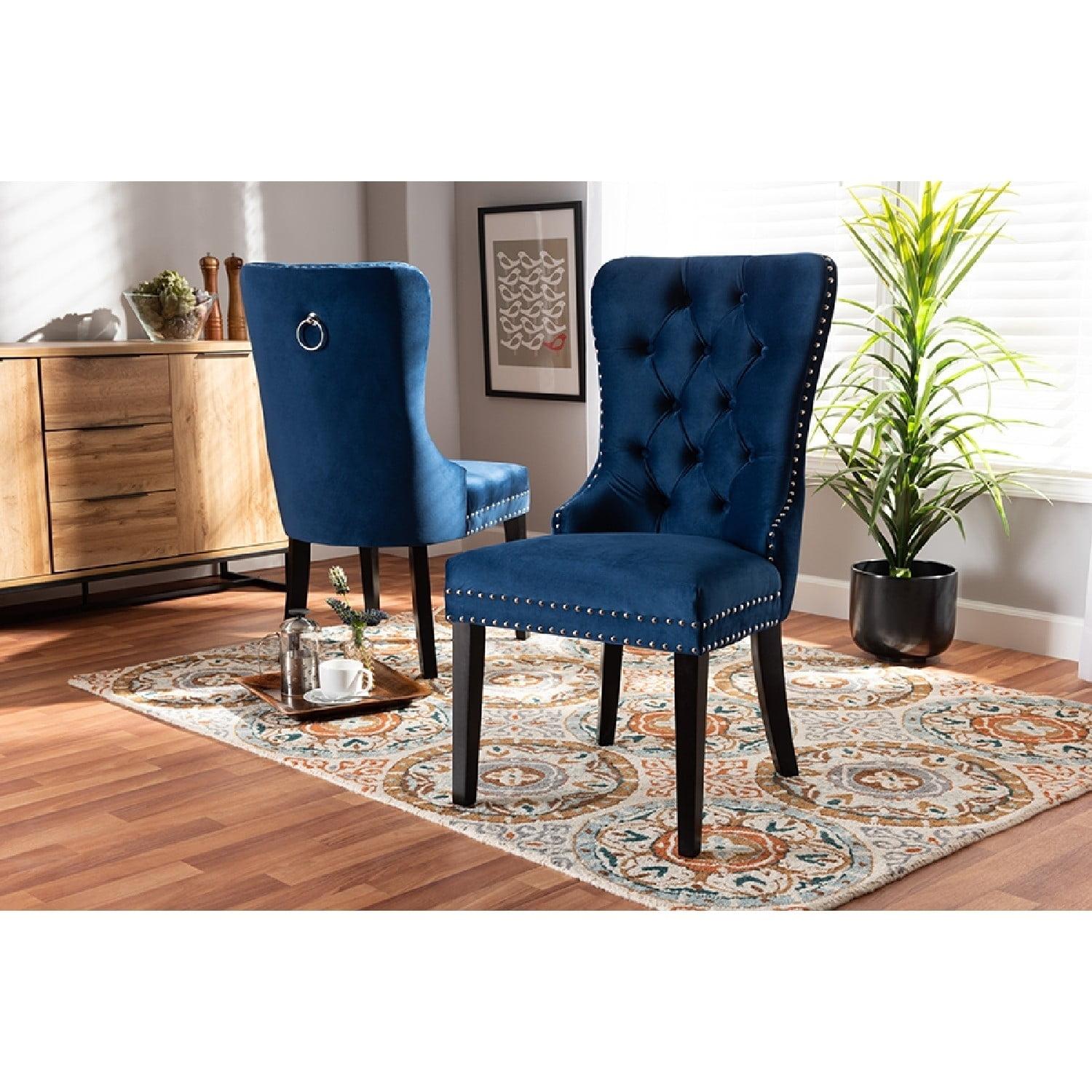 2pc Remy Velvet Upholstered Wood Dining Chair Set Blue/Espresso - Baxton Studio: Elegant, Button Tufted, Silver Nailheads