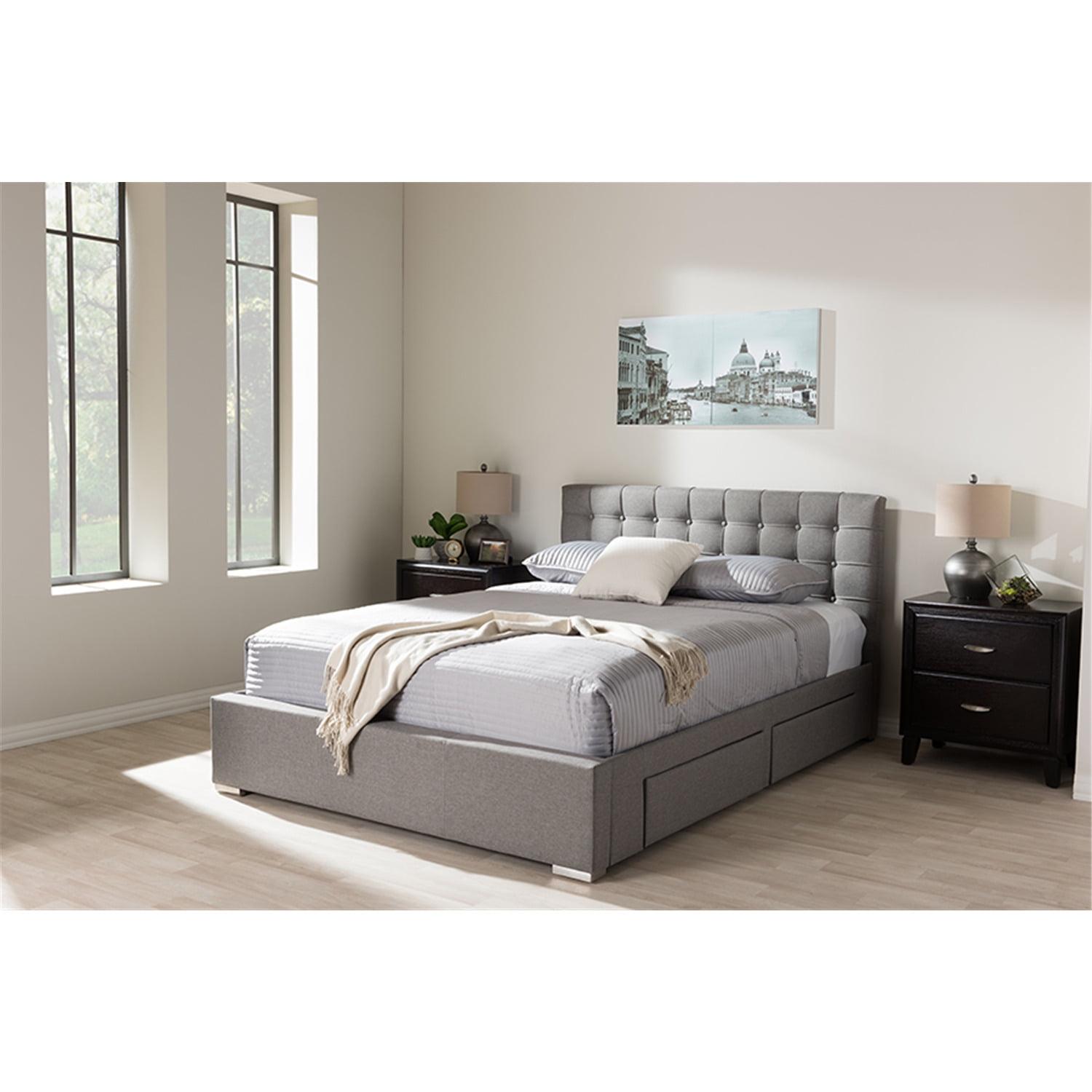 Modern King-Sized Grey Tufted Upholstered Bed with 4-Drawer Storage