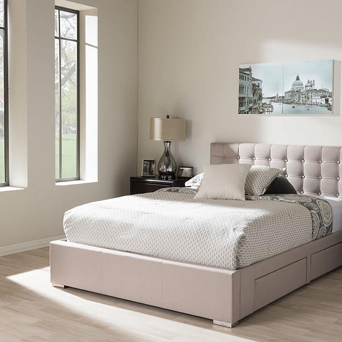 Rene Beige Fabric Upholstered Queen Bed with 4 Storage Drawers