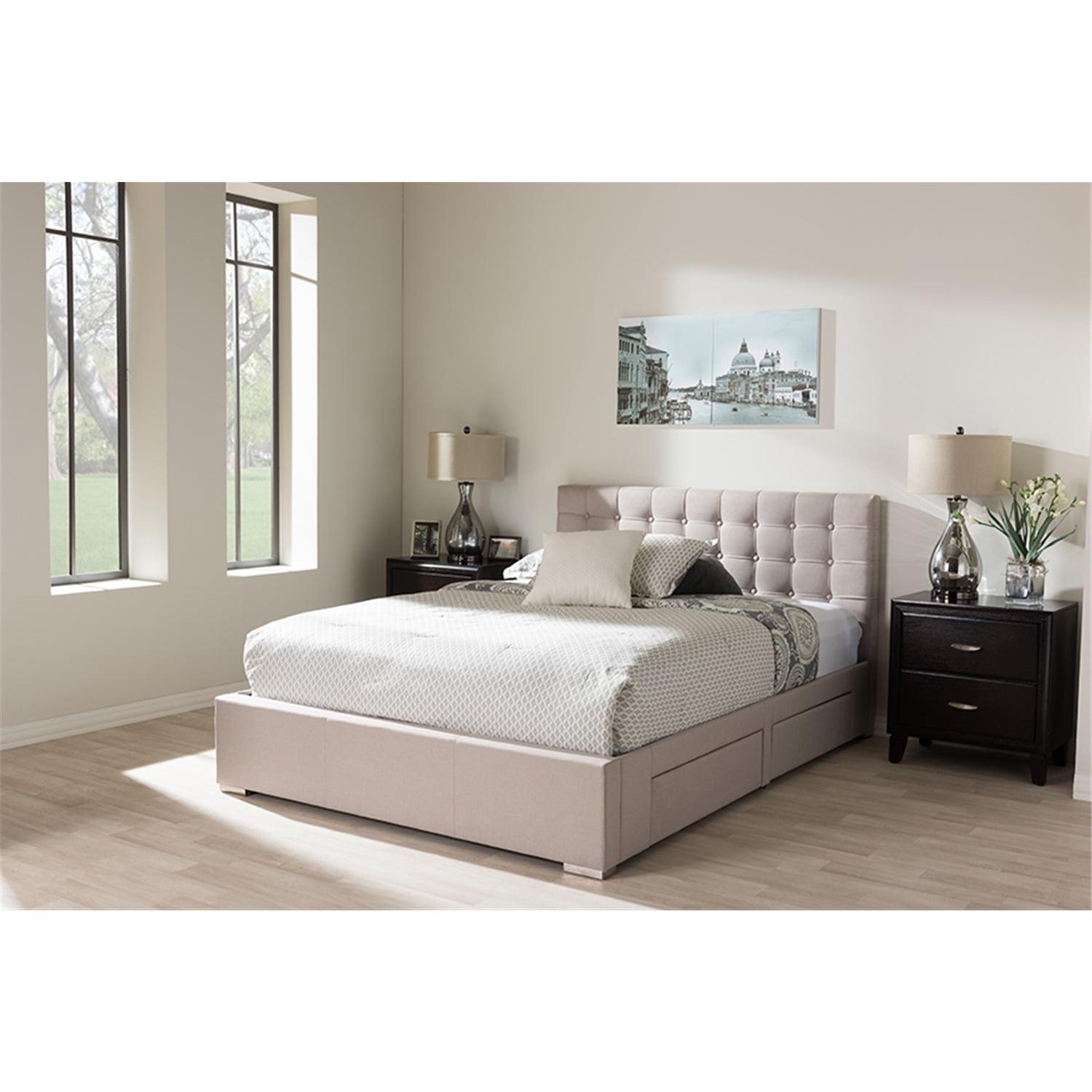 Queen Rene Modern and Contemporary Fabric 4 Drawer Storage Platform Bed Beige - Baxton Studio