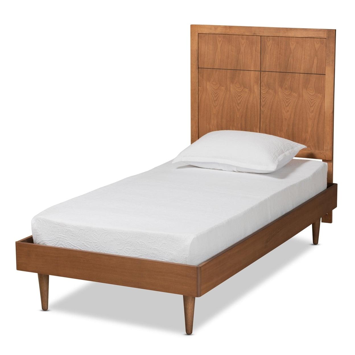 Rin Twin-Size Walnut Wood Frame Upholstered Bed with Tufted Headboard