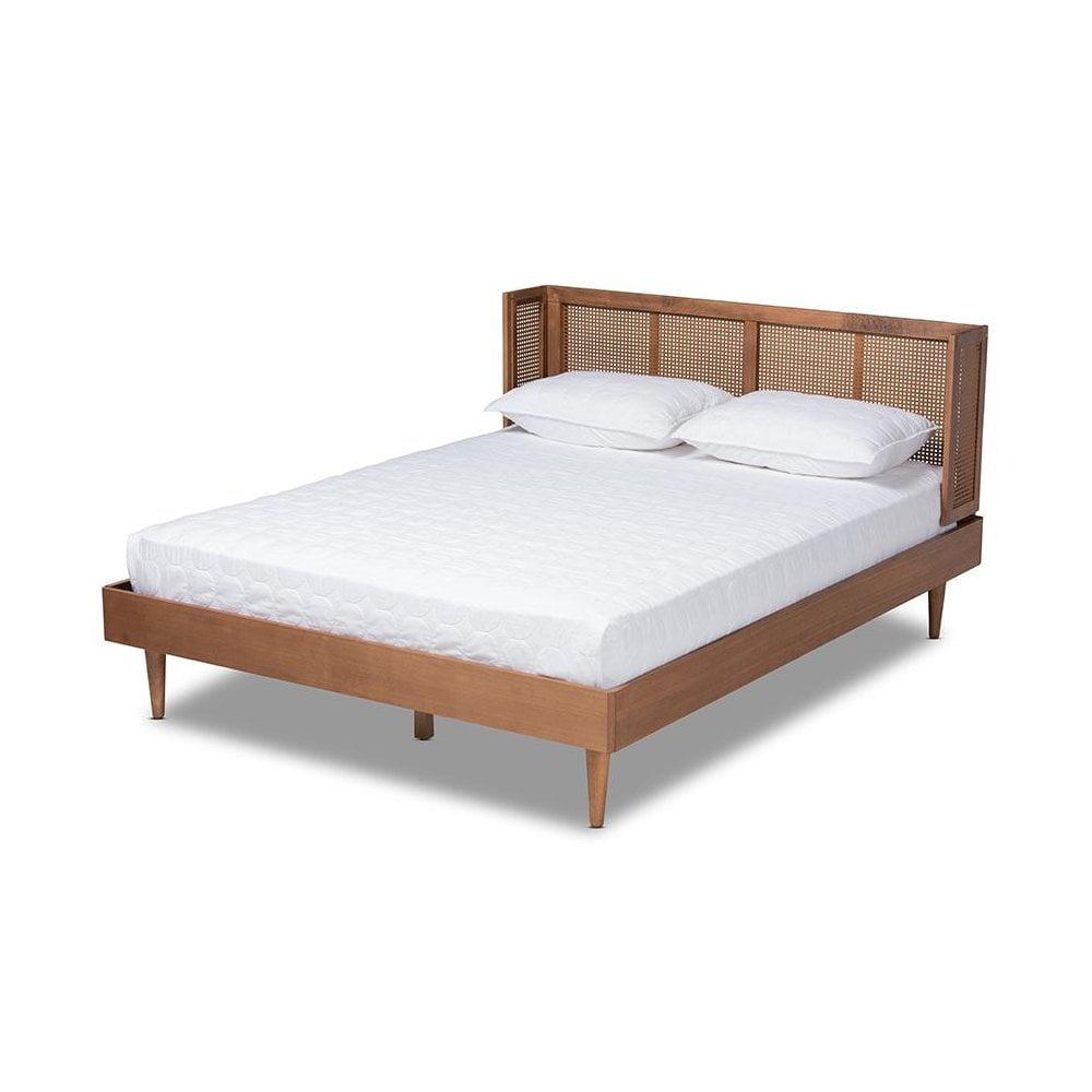 King Rina Wood Platform Bed with Synthetic Rattan Headboard - Baxton Studio