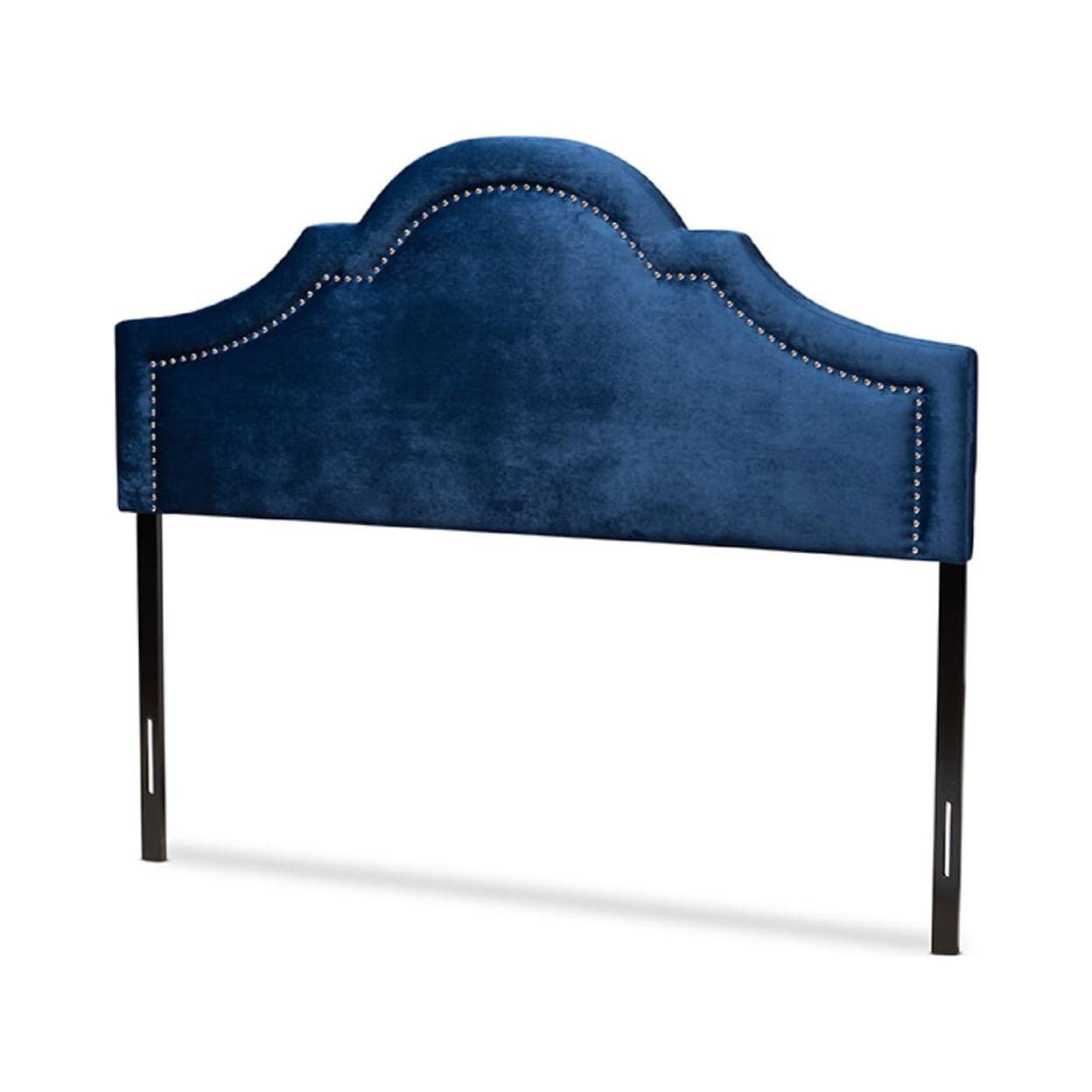 Regal Navy Blue Velvet Tufted Queen Headboard with Silver Nailheads